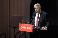 Rogers CEO Tony Staffieri speaks at the telecommunications company's annual general meeting in Toronto, Wednesday, April 26, 2023. The chief executive of Rogers Communications Inc. says the company plans to pursue a renewal of its rights to broadcast NHL games when its current agreement expires in two years, but offered no hints on whether it will go it alone or seek a partner.THE CANADIAN PRESS/Chris Young