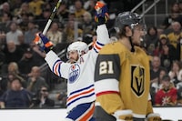 Edmonton Oilers center Leon Draisaitl (29) celebrates after scoring against the Vegas Golden Knights during the first period of Game 2 of an NHL hockey Stanley Cup second-round playoff series Saturday, May 6, 2023, in Las Vegas. (AP Photo/John Locher)