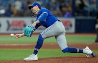Toronto Blue Jays relief pitcher Adam Cimber against the Tampa Bay Rays during the seventh inning of a baseball game Thursday, May 25, 2023, in St. Petersburg, Fla. (AP Photo/Chris O'Meara)