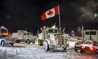 The trial of a trio accused of masterminding the COVID-era border blockade at Coutts, Alta., saw the defence pursue a contrary narrative Thursday of a mishmash protest where no one had the power to call the shots. Anti-COVID-19 vaccine mandate demonstrators gather as a truck convoy blocks the highway at the busy U.S. border crossing in Coutts, Alta., Tuesday, Feb. 1, 2022.THE CANADIAN PRESS/Jeff McIntosh