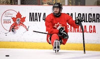 Team Canada forward Tyler McGregor, of Forest, Ont., takes a breather during a practice ahead of the World Para Ice Hockey Championship in Calgary, Tuesday, April 30, 2024.THE CANADIAN PRESS/Jeff McIntosh