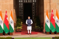 Indian Prime Minister Narendra Modi arrives to receive the Sultan of Oman Haitham Bin Tarik for their meeting, in New Delhi, India, Saturday, Dec. 16, 2023. (AP Photo/Manish Swarup)
