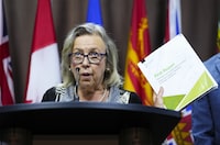 Green Party Leader Elizabeth May holds a press conference on Parliament Hill in Ottawa on Friday, Aug. 18, 2023. THE CANADIAN PRESS/Sean Kilpatrick