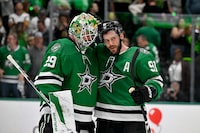 May 1, 2024; Dallas, Texas, USA; Dallas Stars center Tyler Seguin (91) and goaltender Jake Oettinger (29) celebrate on the ice after the Stars defeat the Vegas Golden Knights in game five of the first round of the 2024 Stanley Cup Playoffs at the American Airlines Center. Mandatory Credit: Jerome Miron-USA TODAY Sports