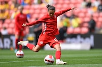 BRISBANE, AUSTRALIA - SEPTEMBER 03: Jessie Fleming of Canada warms up during the International Women's Friendly match between the Australia Matildas and Canada at Suncorp Stadium on September 03, 2022 in Brisbane, Australia. (Photo by Albert Perez/Getty Images)