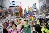 FILE- LGBTQ rights supporters march in a parade through the famed Shibuya entertainment district in Tokyo, on April 24, 2022. (Iori Sagisawa/Kyodo News via AP, File)