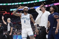 Minnesota Timberwolves guard Nickeil Alexander-Walker (9) gestures after making a 3-point basket against the Los Angeles Clippers during the second half of an NBA basketball game Tuesday, March 12, 2024, in Los Angeles. (AP Photo/Marcio Jose Sanchez)