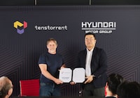 Jim Keller, CEO of Canadian AI Computing Startup Tenstorrent, and Heung Soo Kim, Executive Vice President and Head of Global Strategy office at Hyundai Motor, pose for a picture in Santa Clara, California, U.S., in this undated handout photo provided on August 2, 2023. Courtesy of Tenstorrent /Handout via REUTERS    THIS IMAGE HAS BEEN SUPPLIED BY A THIRD PARTY. NO RESALES. NO ARCHIVES. MANDATORY CREDIT.
