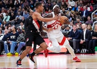 TORONTO, ON - OCTOBER 30: Pascal Siakam #43 of the Toronto Raptors drives against Malcolm Brogdon #11 of the Portland Trail Blazers during the second half at the Scotiabank Arena on October 30, 2023 in Toronto, Ontario, Canada. NOTE TO USER: User expressly acknowledges and agrees that, by downloading and/or using this Photograph, user is consenting to the terms and conditions of the Getty Images License Agreement. (Photo by Mark Blinch/Getty Images)