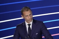 UEFA President Aleksander Ceferin delivers his speech during the 48th UEFA congress Thursday, Feb. 8, 2024 in Paris. (AP Photo/Christophe Ena)