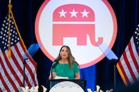 FILE - Republican National Committee Chair Ronna McDaniel speaks at the committee's winter meeting in Dana Point, Calif., Jan. 27, 2023.  McDaniel says she will leave her post on March 8. She's leaving the GOP’s national leadership as Donald Trump moves toward another presidential nomination and asserts new control over the party.  (AP Photo/Jae C. Hong, File)