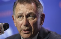 Ken Holland speaks at a press conference in Edmonton on Tuesday May 7, 2019. NHL teams got back to wheeling and dealing on the second day of the NHL draft. THE CANADIAN PRESS/Jason Franson