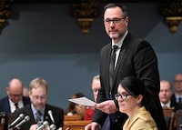 Quebec Minister Responsible for Canadian Relations and the Canadian Francophonie Jean-Francois Roberge presents legislation during question period, Thursday, February 8, 2024 at the legislature in Quebec City. THE CANADIAN PRESS/Jacques Boissinot