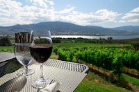 Vineyard in Osoyoos wine country, Okanagan Valley, British Columbia, a glass of wine and a pitcher of water on a table with a view.