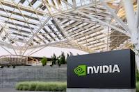 The logo of NVIDIA as seen at its corporate headquarters in Santa Clara, California, in May of 2022