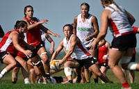 The Canadian Women's Rugby Team conducts a practice at Twin Elm Rugby Park in Ottawa, on Wednesday, July 5, 2023. Canada faces the New Zealand Black Ferns this weekend as part of the 2023 Pacific Four Series. THE CANADIAN PRESS/Justin Tang