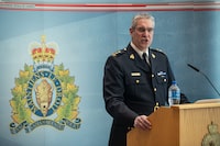 Alberta RCMP Superintendent  Rick Jane announces their will be no charges laid in the 2017 UCP leadership race, in Edmonton, Friday, March 8, 2024. THE CANADIAN PRESS/Jason Franson.