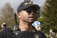 FILE - Proud Boys leader Enrique Tarrio speaks at a rally in Delta Park on Sept. 26, 2020, in Portland, Ore. Tarrio is set to be sentenced on Wednesday, Aug. 30, 2023, for a failed plot to keep Donald Trump in power after the Republican lost the 2020 presidential election, capping one of the most significant prosecutions in the Jan. 6, 2021, attack on the U.S. Capitol. (AP Photo/Allison Dinner, File)
