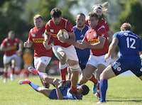 Team Canada's Lucas Rumball (7) runs with the ball during a test match against Team Russia in Ottawa on Saturday, June 16, 2018. Canada will play Irish powerhouse Leinster in a Rugby World Cup warmup match Aug. 24 at Hamilton's Tim Hortons Field. The game will be part of Leinster's pre-season preparations. THE CANADIAN PRESS/Justin Tang