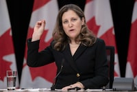 Deputy Prime Minister and Minister of Finance Chrystia Freeland responds to a question during a weekly news conference on February 27, 2024 in Ottawa. THE CANADIAN PRESS/Adrian Wyld