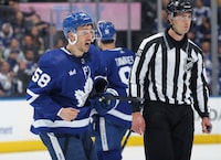 TORONTO, CANADA - APRIL 18:  Michael Bunting #58 of the Toronto Maple Leafs reacts to being ejected from the game against the Tampa Bay Lightning during Game One of the First Round of the 2023 Stanley Cup Playoffs at Scotiabank Arena on April 18, 2023 in Toronto, Ontario, Canada. (Photo by Claus Andersen/Getty Images)