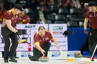 Nunavut skip Jake Higgs releases his shot during the 10th end of their win over Newfoundland and Labrador at the 2023 Tim Hortons Brier at Budweiser Gardens in London, Ont., Saturday, March 4, 2023. THE CANADIAN PRESS/Geoff Robins