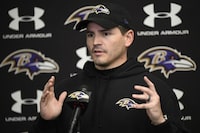Baltimore Ravens defensive coordinator Mike Macdonald talks to the media during an NFL football media availability, Thursday, Jan. 25, 2024, in Owings Mills, Md. (AP Photo/Nick Wass)