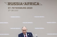 Russian President Vladimir Putin chairs a working breakfast with heads of African regional organizations during the second Russia-Africa summit in Saint Petersburg on July 27, 2023. (Photo by Valery SHARIFULIN / TASS Host Photo Agency / AFP) / RESTRICTED TO EDITORIAL USE - MANDATORY CREDIT "AFP PHOTO / TASS Host Photo Agency / Valery Sharifulin" - NO MARKETING NO ADVERTISING CAMPAIGNS - DISTRIBUTED AS A SERVICE TO CLIENTS (Photo by VALERY SHARIFULIN/TASS Host Photo Agency/AFP via Getty Images)