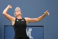 Jennifer Brady, of the United States, reacts after defeating Kimberly Birrell, of Australia, during the first round of the U.S. Open tennis championships, Monday, Aug. 28, 2023, in New York. (AP Photo/John Minchillo)