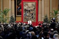 Pope Francis delivers his yearly address to the diplomatic corps accredited to the Vatican, sometimes called his "State of the World" address, at the Vatican January 8, 2024.   Vatican Media/Simone Risoluti/­Handout via REUTERS    ATTENTION EDITORS - THIS IMAGE WAS PROVIDED BY A THIRD PARTY.