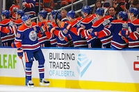 Apr 1, 2023; Edmonton, Alberta, CAN; The Edmonton Oilers celebrate a goal scored by forward Leon Draisaitl (29), his 48th of the season during the second period against the Anaheim Ducks at Rogers Place. Mandatory Credit: Perry Nelson-USA TODAY Sports