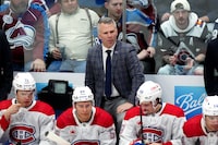 Mar 26, 2024; Denver, Colorado, USA; Montreal Canadiens head coach Martin St. Louis during the first period against the Colorado Avalanche at Ball Arena. Mandatory Credit: Ron Chenoy-USA TODAY Sports