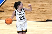 Iowa guard Caitlin Clark (22) reacts after Iowa defeated LSU in an Elite Eight round college basketball game during the NCAA Tournament, Monday, April 1, 2024, in Albany, N.Y. (AP Photo/Hans Pennink)