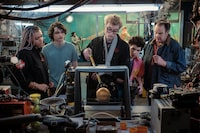 This image released by Columbia Pictures shows, from left, Celeste O'Connor, Finn Wolfhard, James Acaster, Logan Kim and Dan Aykroyd in a scene from "Ghostbusters: Frozen Empire." (Jaap Buitendijk/Columbia Pictures/Sony via AP)