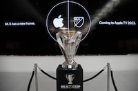 LOS ANGELES, CA - NOVEMBER 03: The MLS Cup trophy is displayed at the Apple retail store at The Grove on November 3, 2022 in Los Angeles, California. Philadelphia Union and Los Angeles FC will play for the MLS championship game at the Banc of California Stadium  on November 5, 2022, in Los Angeles, California.(Photo by Kevork Djansezian/Getty Images)