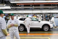 General view of production along the Honda CRV production line is shown during a tour of a Honda manufacturing plant in Alliston, Ont., Wednesday, Apr. 5, 2023. THE CANADIAN PRESS/Cole Burston