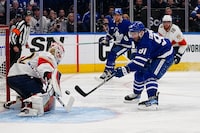 May 4, 2023; Toronto, Ontario, CANADA; Florida Panthers goaltender Sergei Bobrovsky (72) makes a save against Toronto Maple Leafs forward John Tavares (91) during the third period of game two of the second round of the 2023 Stanley Cup Playoffs at Scotiabank Arena. Mandatory Credit: John E. Sokolowski-USA TODAY Sports