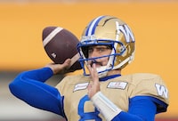 Winnipeg Blue Bombers quarterback Zach Collaros throws the ball during practice ahead of the 110th CFL Grey Cup against the Montreal Alouettes in Hamilton, Ont., Friday, Nov. 17, 2023. THE CANADIAN PRESS/Nathan Denette