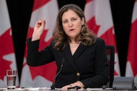 Deputy Prime Minister and Minister of Finance Chrystia Freeland responds to a question during a weekly news conference, Tuesday, February 27, 2024 in Ottawa.  THE CANADIAN PRESS/Adrian Wyld