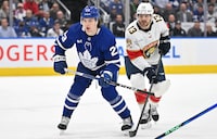 May 2, 2023; Toronto, Ontario, CANADA;   Toronto Maple Leafs forward Matthew Knies (23) and Florida Panthers forward Sam Reinhart (13) track the play in the first period in game one of the second round of the 2023 Stanley Cup Playoffs at Scotiabank Arena. Mandatory Credit: Dan Hamilton-USA TODAY Sports