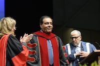 Dr. Izzeldin Abuelaish, a Palestinian-Canadian physician and internationally recognized human rights and peace activist gives remarks after receiving an honorary  doctorate at Toronto Metropolitan University’s  fall convocation in Toronto, on  Thursday Oct. 12, 2023. (Christopher Katsarov/The Globe and Mail)