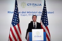 U.S. Secretary of State Antony Blinken meets the journalists during a press conference at the G7 Foreign Ministers meeting on Capri Island, Italy, Friday, April 19, 2024. (AP Photo/Gregorio Borgia)