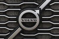 FILE PHOTO: The Volvo logo is seen in truck for sale in Linden, New Jersey, U.S., May 23, 2022. REUTERS/Andrew Kelly