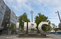 The UBC sign is pictured at the University of British Columbia in Vancouver on April 23, 2019. The president of the University of British Columbia says the emergence of the Omicron variant of COVID-19 means classes are going back online at both its Vancouver and Okanagan campuses.THE CANADIAN PRESS/Jonathan Hayward