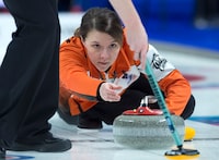 Wild Card team skip Casey Scheidegger releases a rock as they play Ontario in championship pool action at the Scotties Tournament of Hearts at Centre 200 in Sydney, N.S. on Thursday, Feb. 21, 2019. THE CANADIAN PRESS/Andrew Vaughan