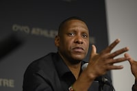 Toronto Raptors president Masai Ujiri is dismissive of a lawsuit brought against his team by the rival New York Knicks. Ujiri attends a news conference in Toronto, Friday, April 21, 2023.&nbsp; THE CANADIAN PRESS/Christopher Katsarov