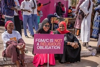 Gambians protest against a bill aimed at decriminalizing female genital mutilation as parliament debates the bill in Banjul, Gambia March, 18, 2024. REUTERS/Malick Njie
