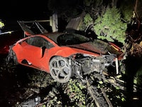 A crashed Lamborghini is shown in a West Vancouver Police handout photo. Police in West Vancouver say a “joyride” by a 13-year-old in their parent’s Lamborghini set off a single-vehicle crash that resulted in a total write-off by the insurance company. THE CANADIAN PRESS/HO-West Vancouver Police **MANDATORY CREDIT** 