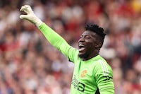 Manchester United's Cameroonian goalkeeper #24 Andre Onana gestures during the English Premier League football match between Manchester United and Nottingham Forest at Old Trafford in Manchester, northwest England, on August 26, 2023. (Photo by Darren Staples / AFP) / RESTRICTED TO EDITORIAL USE. No use with unauthorized audio, video, data, fixture lists, club/league logos or 'live' services. Online in-match use limited to 120 images. An additional 40 images may be used in extra time. No video emulation. Social media in-match use limited to 120 images. An additional 40 images may be used in extra time. No use in betting publications, games or single club/league/player publications. /  (Photo by DARREN STAPLES/AFP via Getty Images)