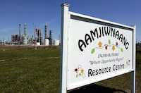 Aamjiwnaang First Nation is declaring a state of emergency over a benzene leak linked to a neighbouring petrochemical facility.A sign for the Aamjiwnaang First Nation Resource Centre is shown in Sarnia, Ont., on April 21, 2007. THE CANADIAN PRESS/Craig Glover